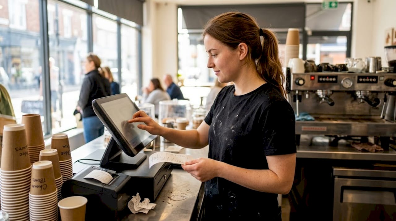 Barista using touchscreen POS terminal