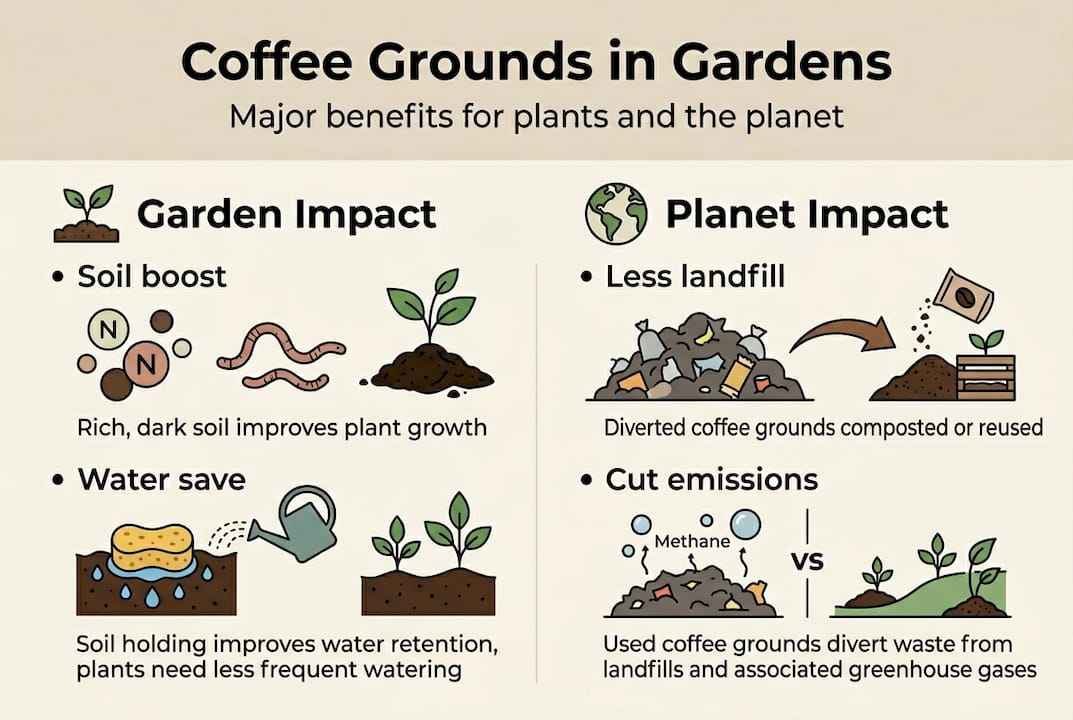 Infographic summarizing coffee grounds garden benefits