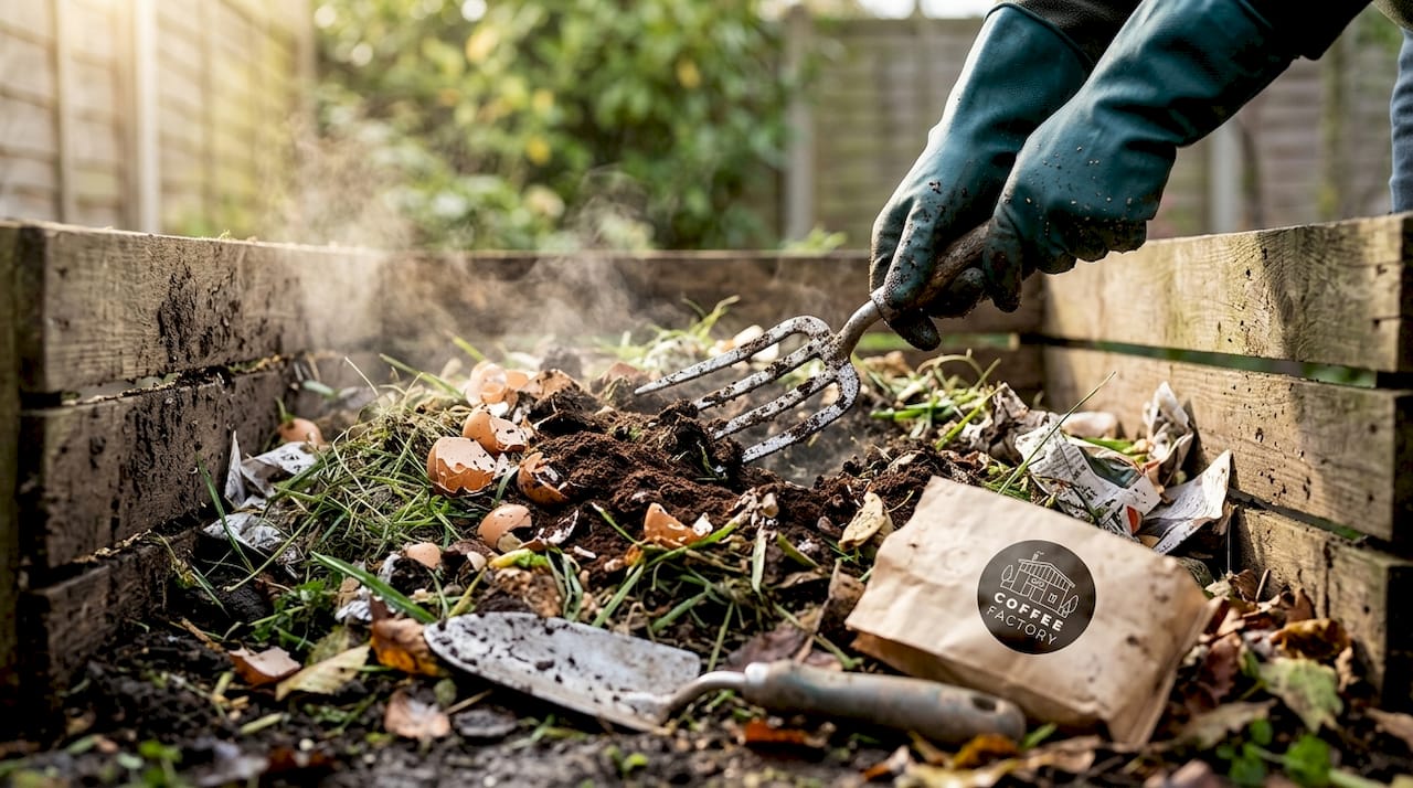 Coffee grounds in home compost pile