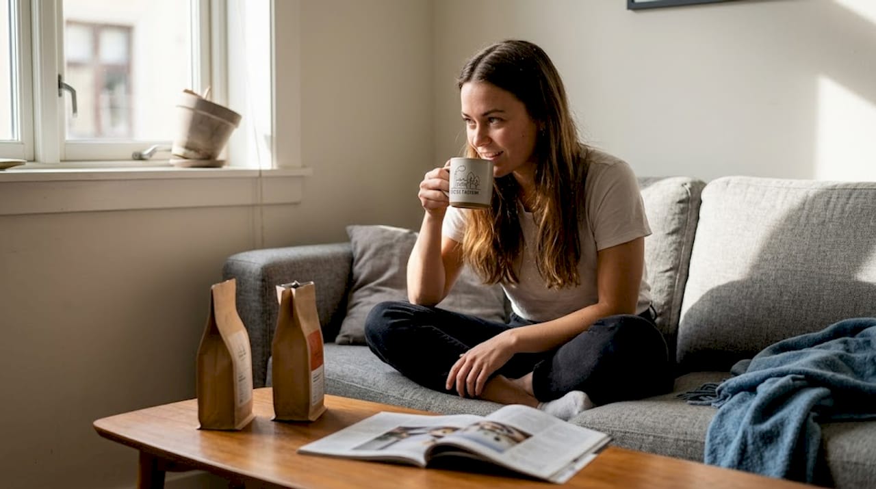 Woman samples coffee gift on sofa table