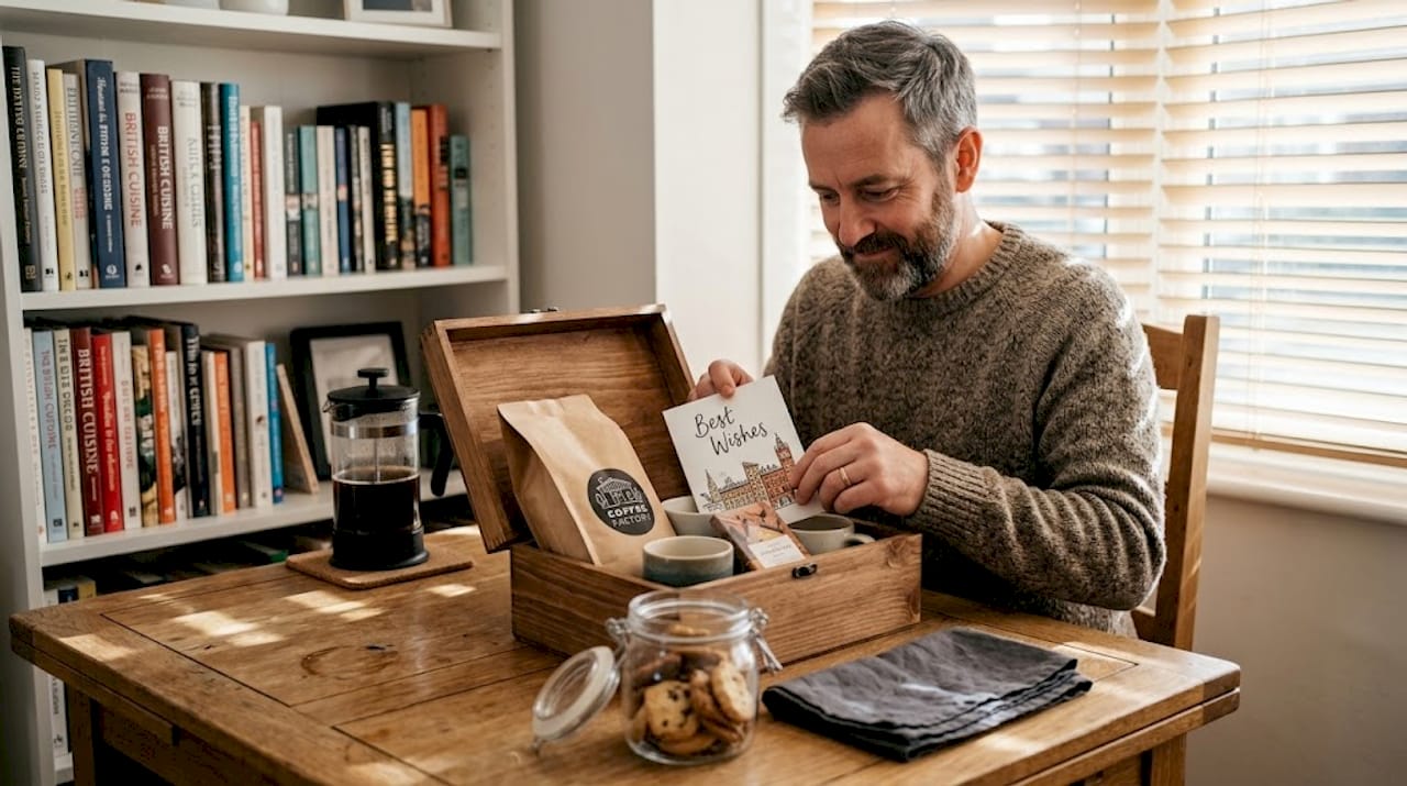 Man arranging coffee gift box in living room