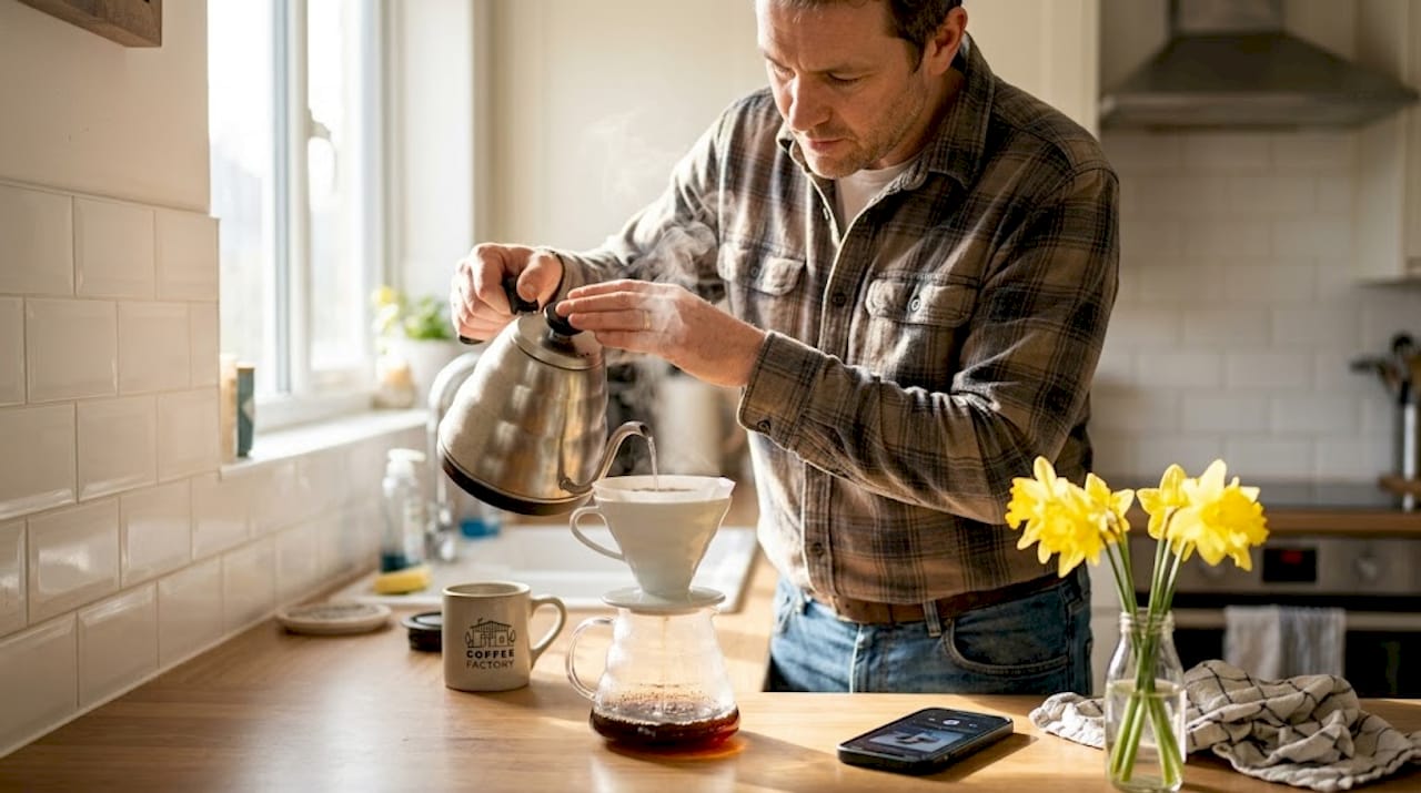 Man brewing pour-over coffee in bright kitchen