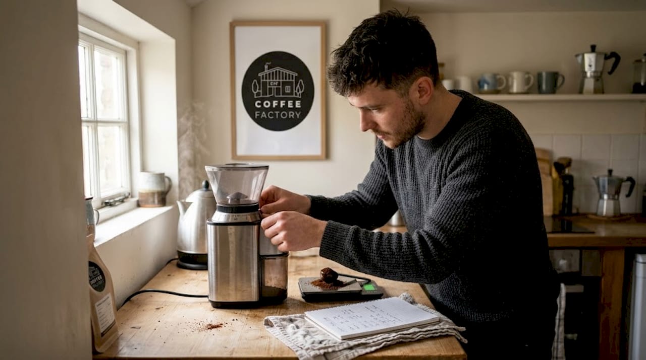 Man adjusting burr grinder at home kitchen table