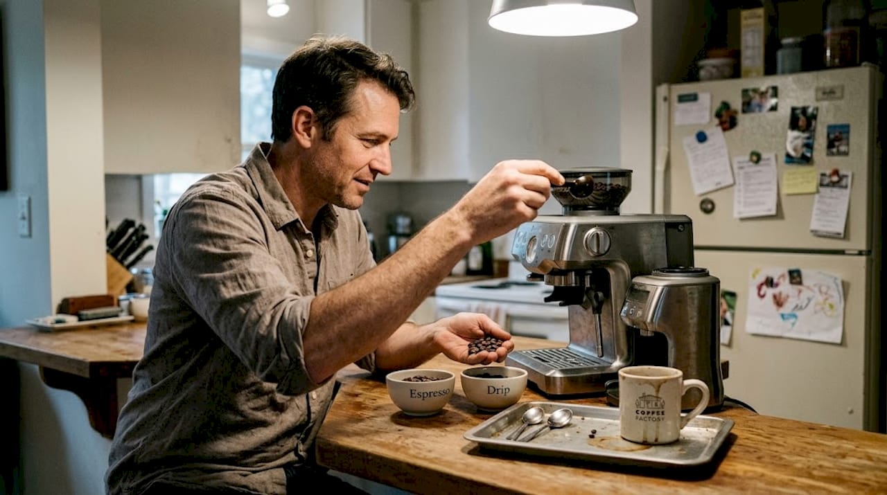 Man sorting coffee beans near espresso setup