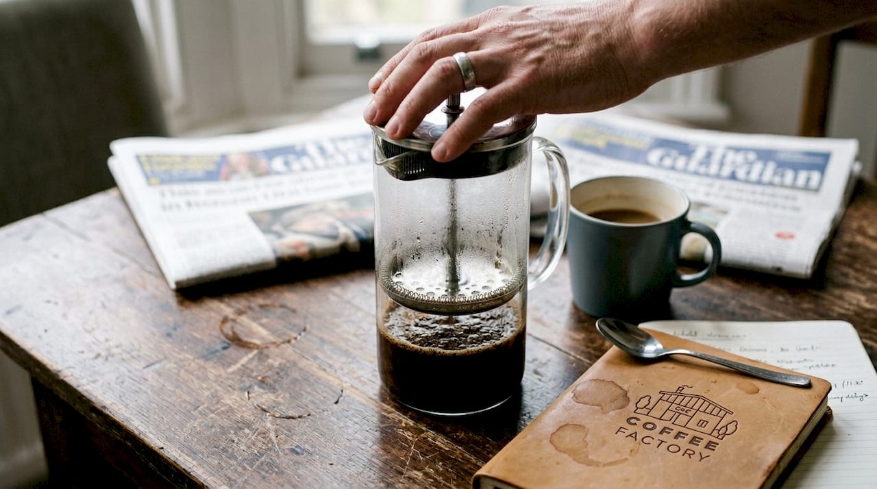 Hand pressing French press coffee at table