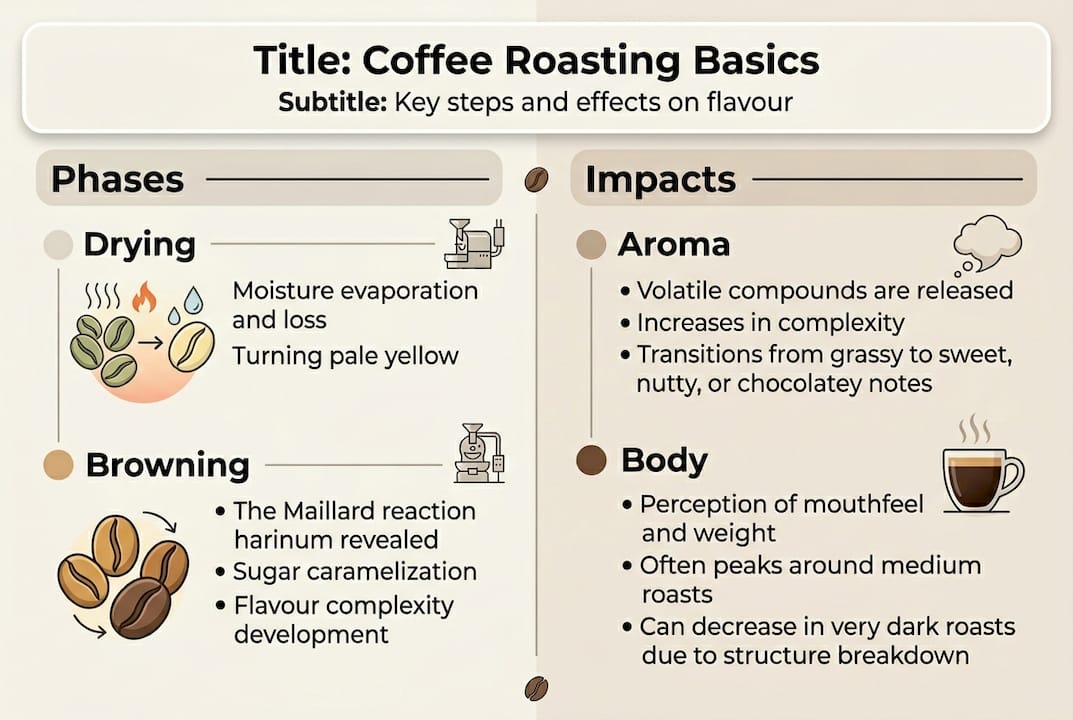 Infographic showing coffee roasting phases and quality impact