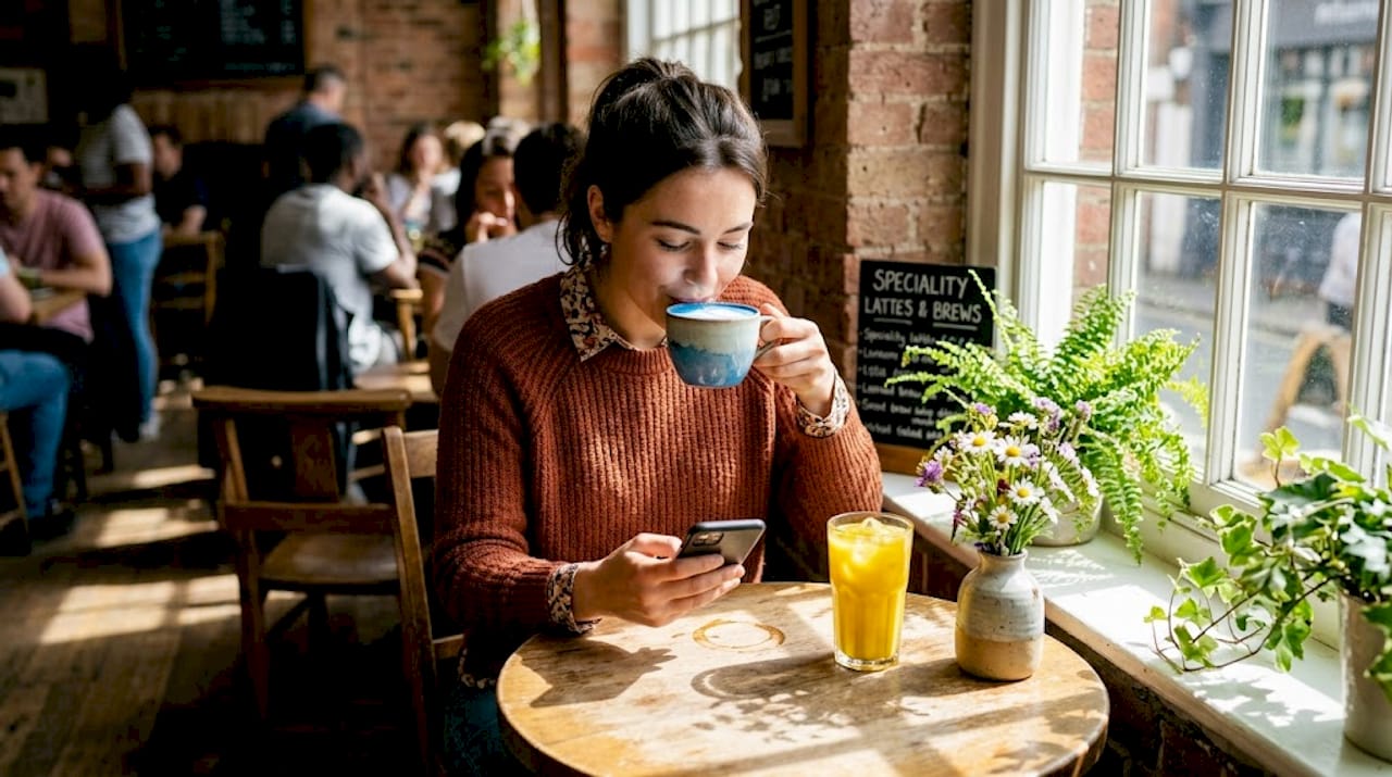 Woman enjoying colorful functional coffee drinks