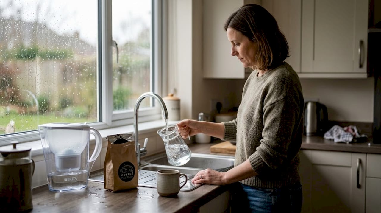 Woman filling water jug for coffee brewing