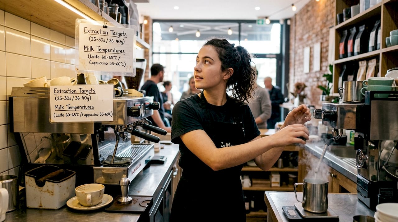 Barista checking quick-reference coffee card