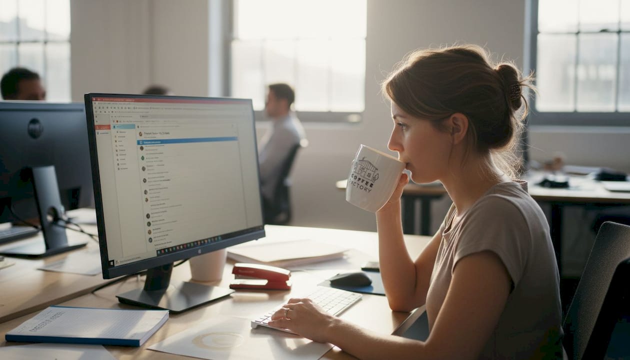 Office professional drinking coffee at desk