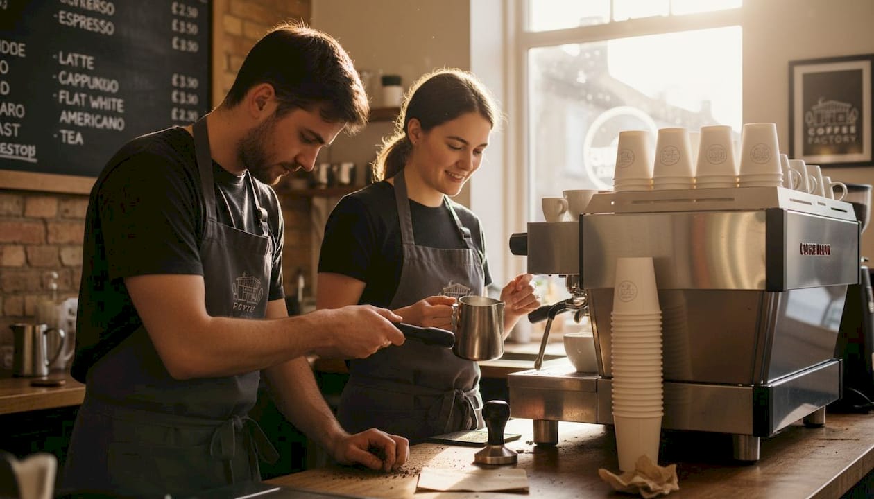 Barista training at Devon coffee shop counter