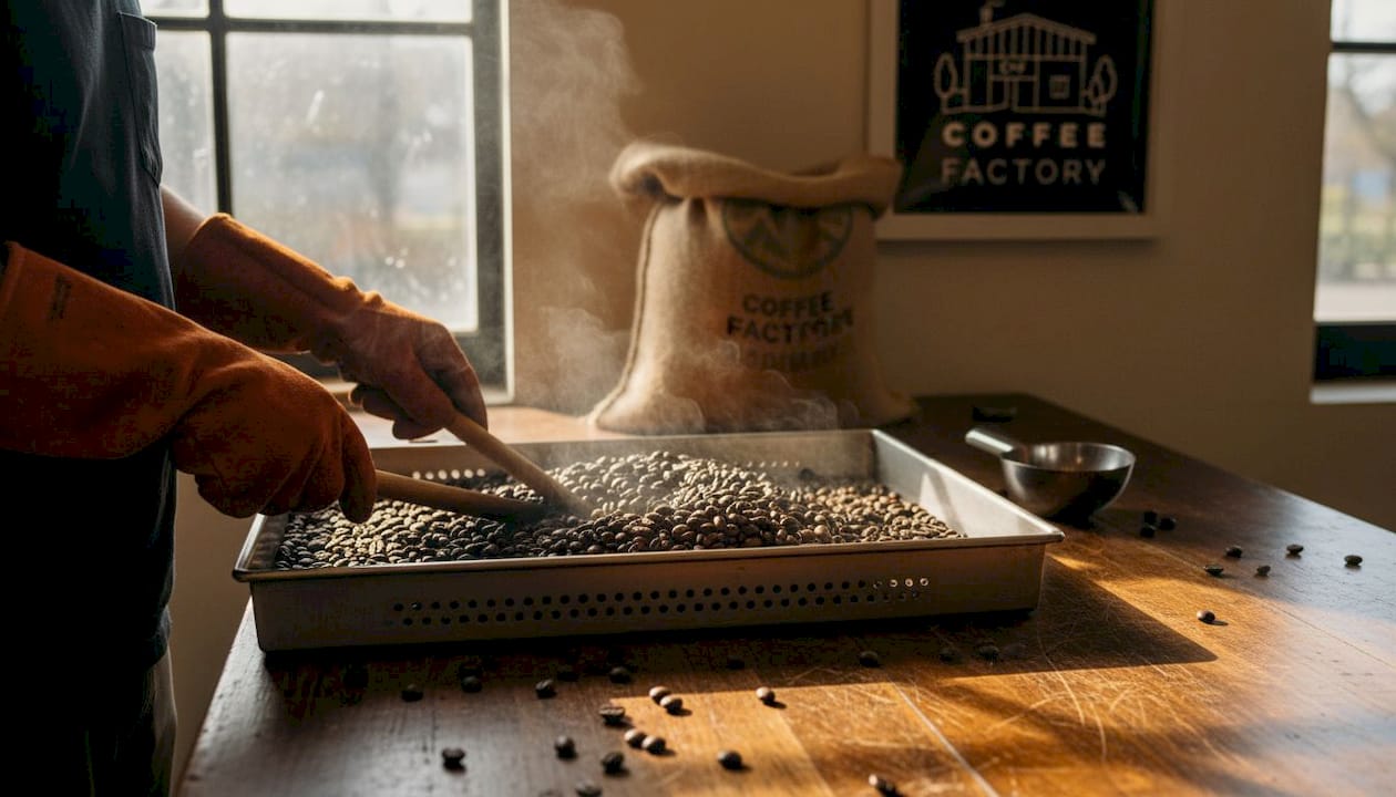 Freshly roasted coffee beans steaming on tray