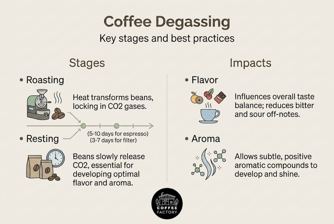 Minimalist infographic showing coffee degassing stages and impacts
