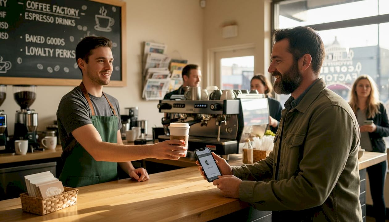Barista handing coffee to loyal customer