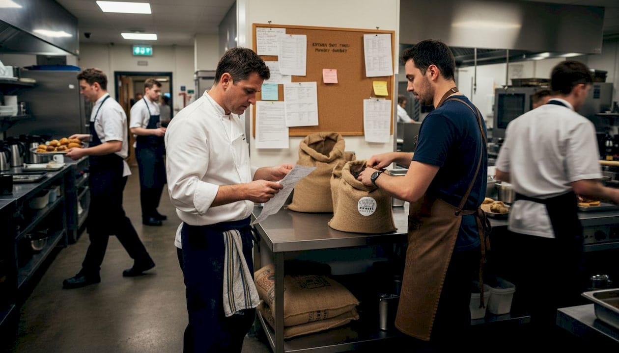 Hotel kitchen with coffee delivery action