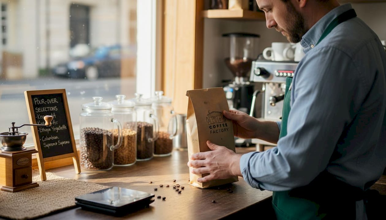 Barista checking coffee bean bag label