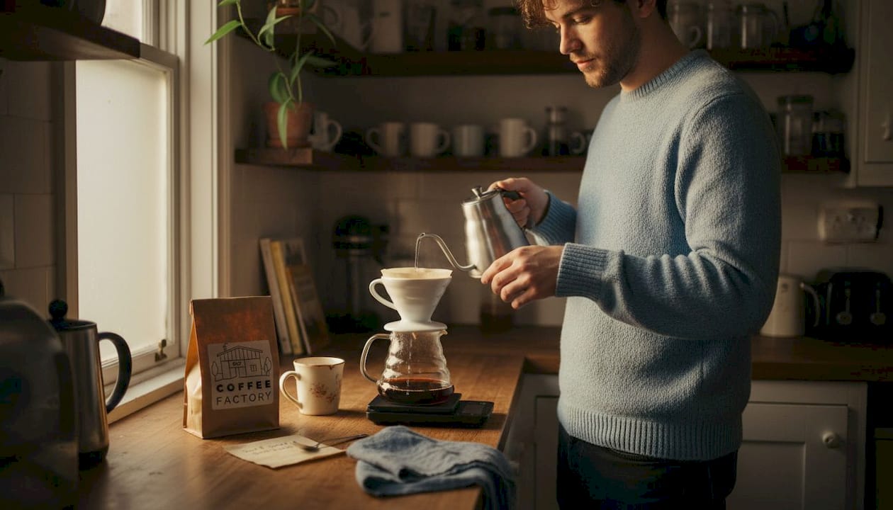Spring home coffee pour-over scene