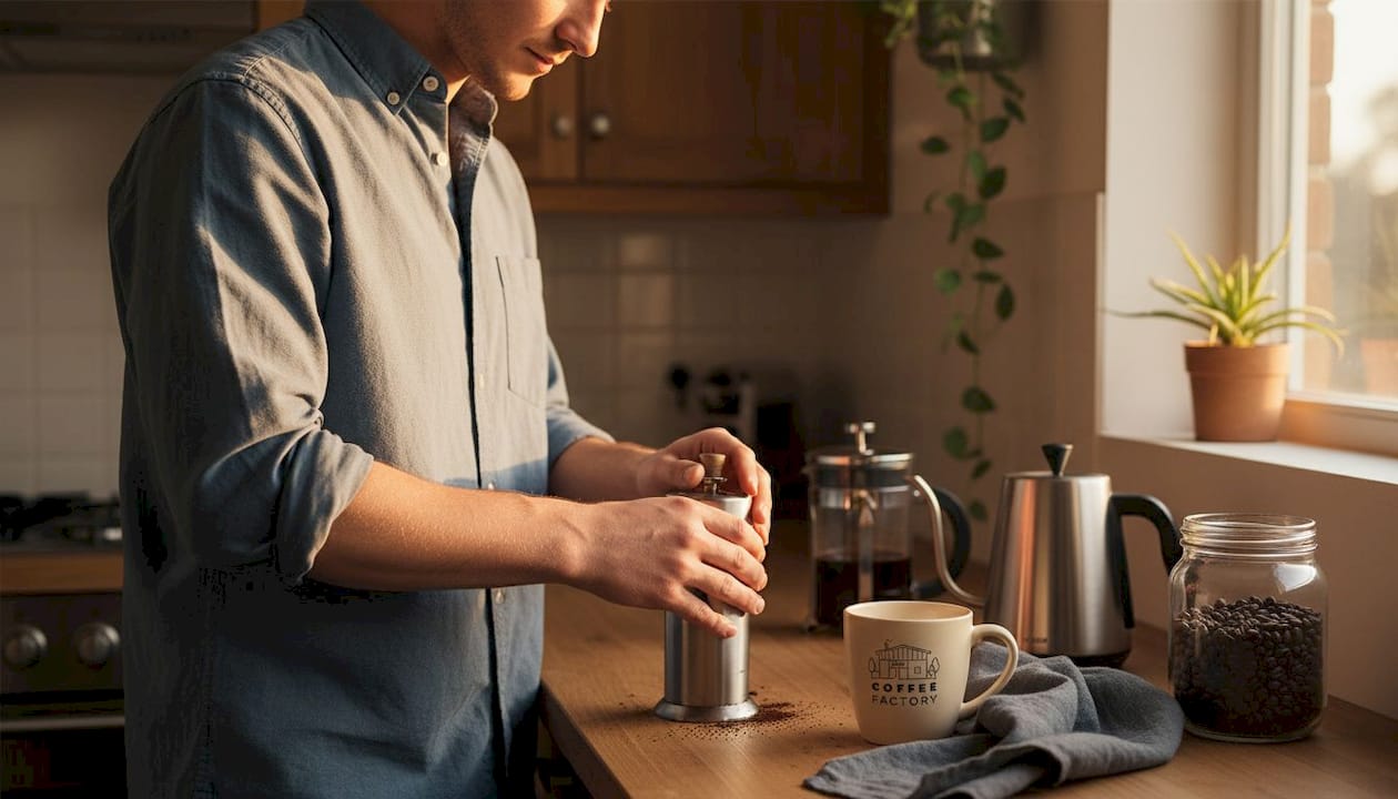 Person preparing coffee at kitchen counter
