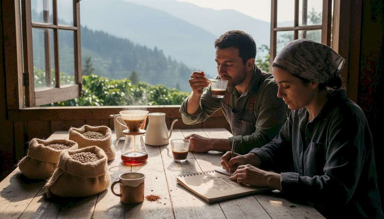 Coffee farmers taste beans at mountain farm table