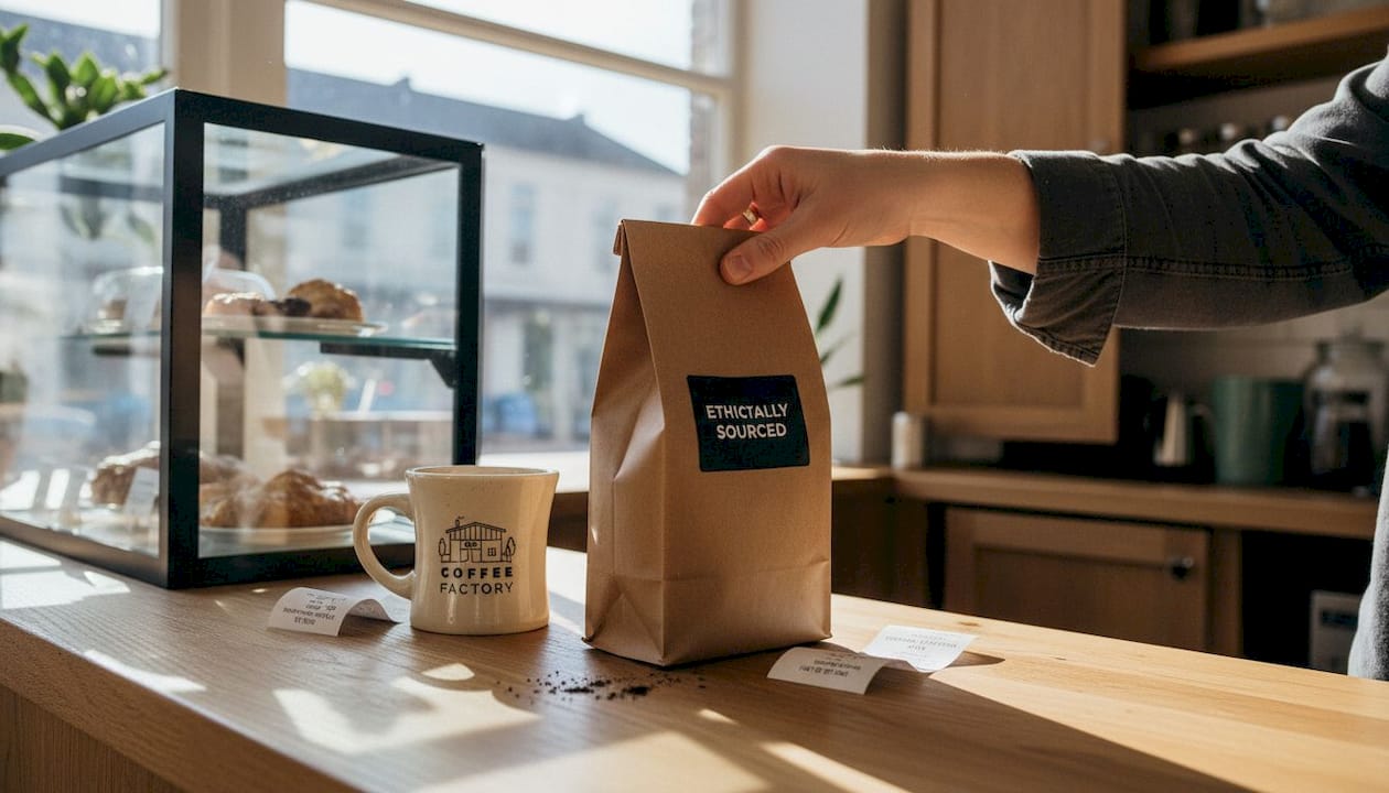 Hand picking up ethically sourced coffee bag