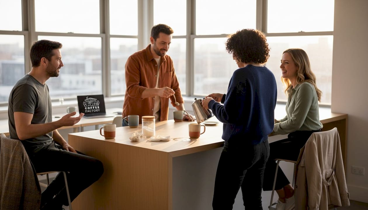 Office workers sharing coffee break