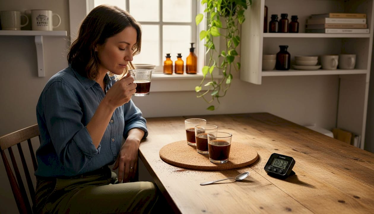 Home cupping session, woman with coffee cups