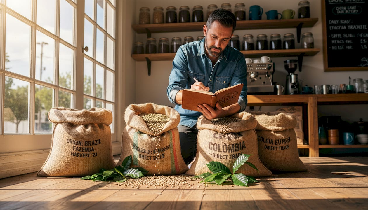 Barista inspects fresh coffee bean sacks in roastery