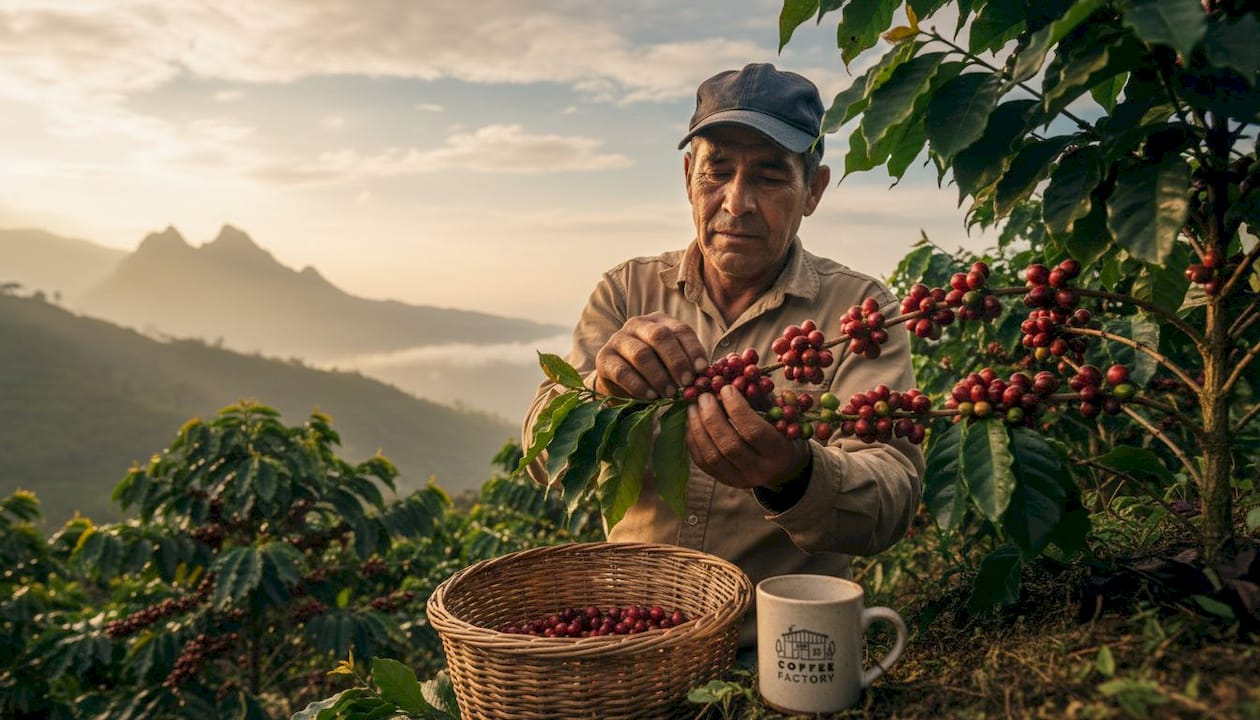 Farmer checks coffee cherries on misty mountain farm