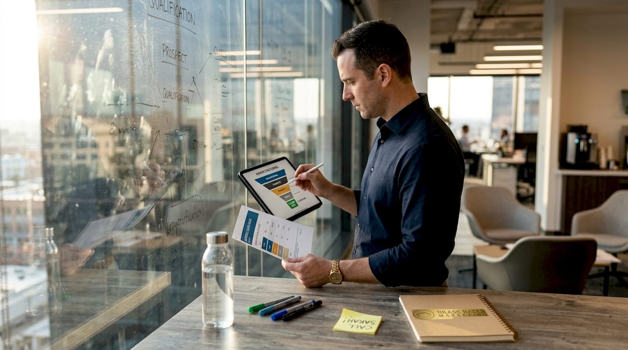 Sales manager reviewing funnel stages reports