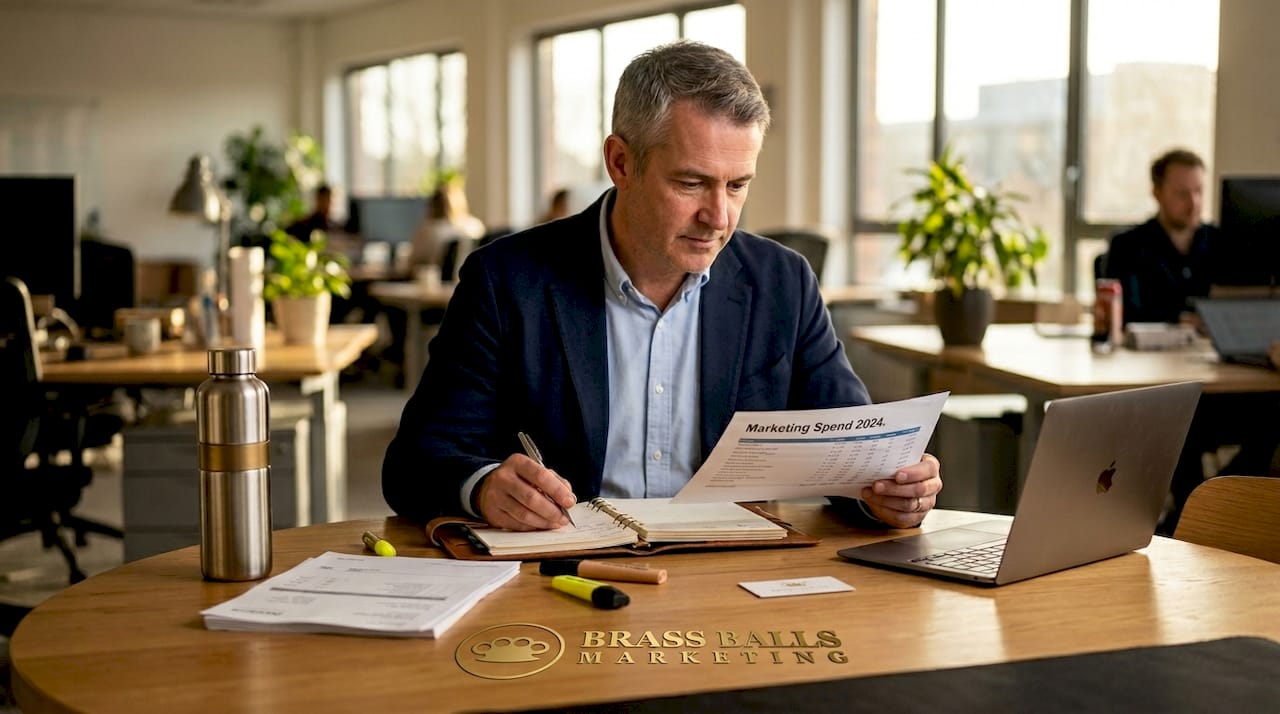 Businessman reviewing annual marketing documents
