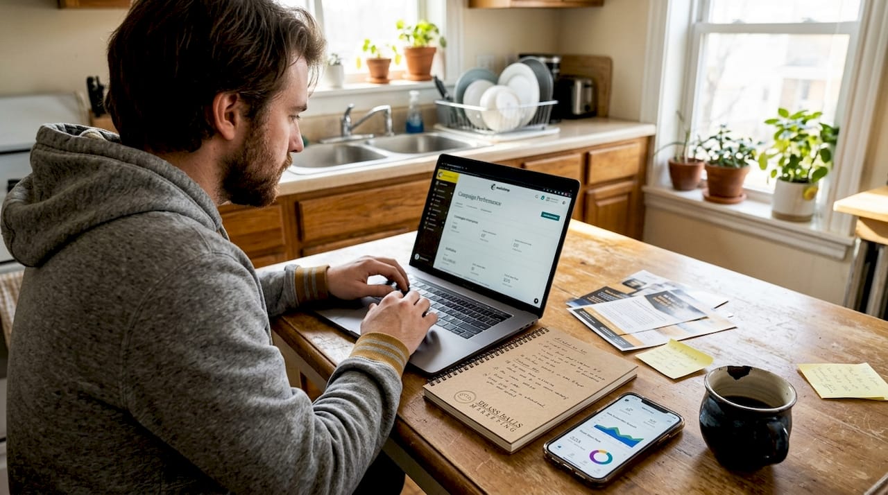 Marketer creating email campaign at home desk