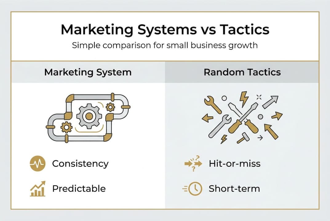 Infographic comparing marketing systems and tactics