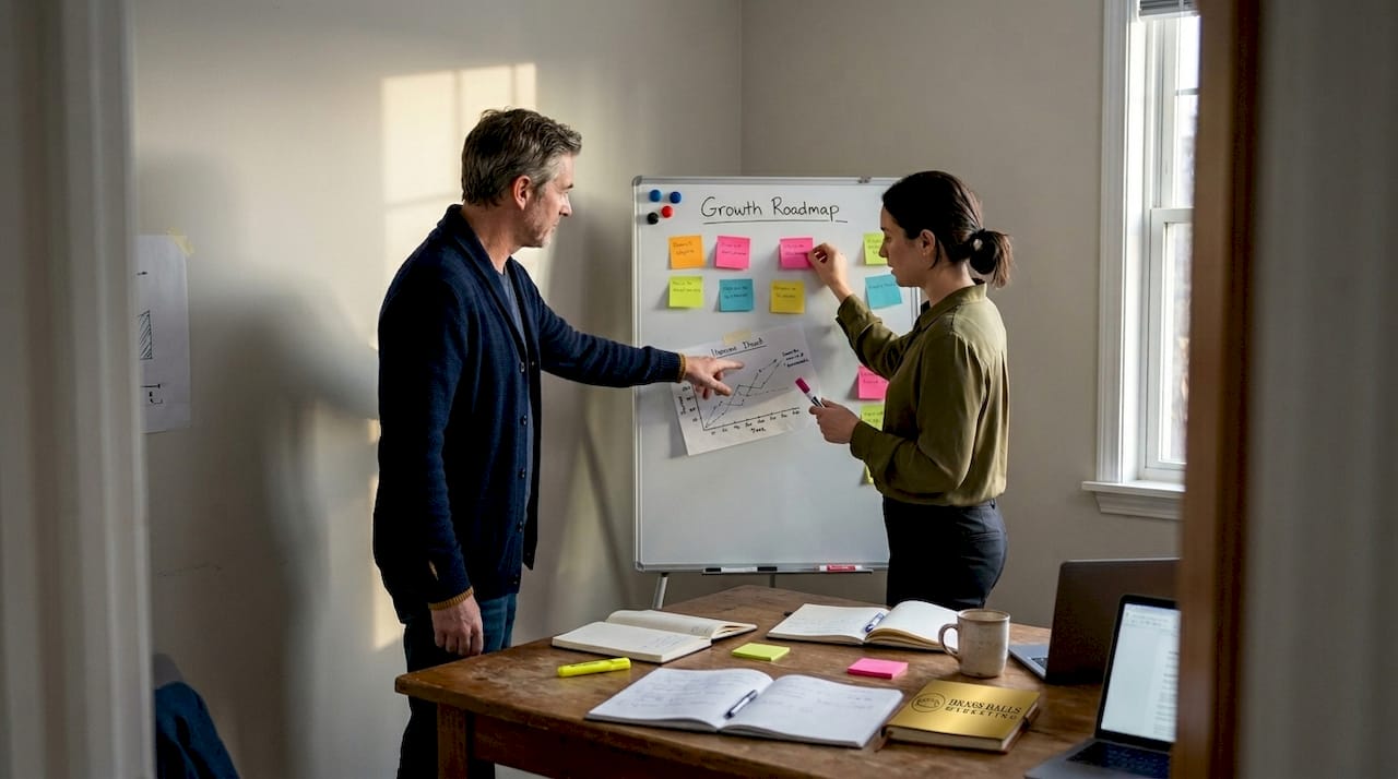 Team updating marketing strategy on whiteboard