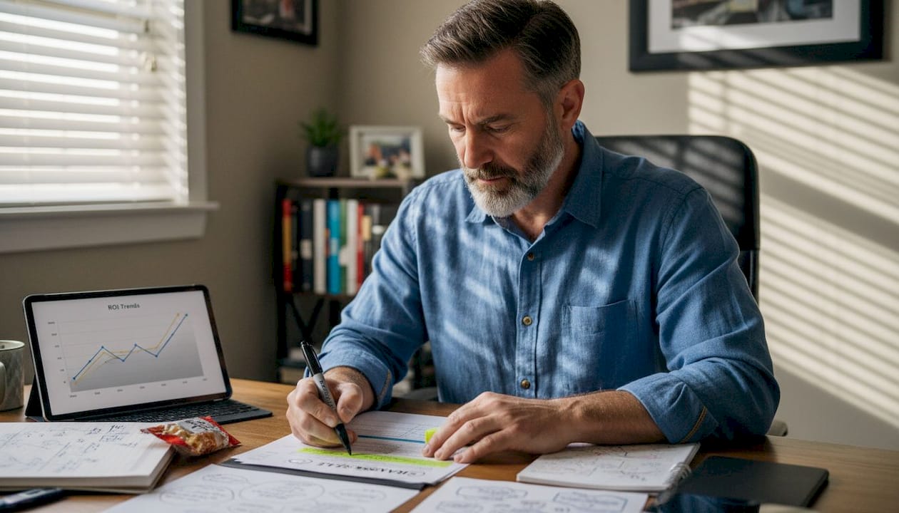 Man reviewing ROI marketing plan at home office