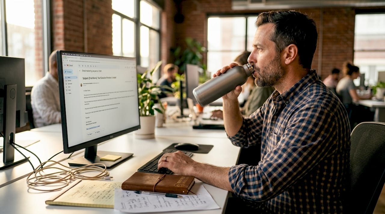 Man drafting nurture sequence at office desk