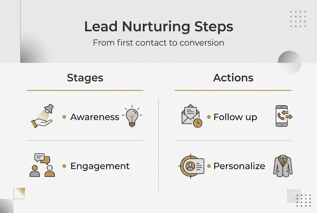 Lead nurturing process—stages and actions infographic