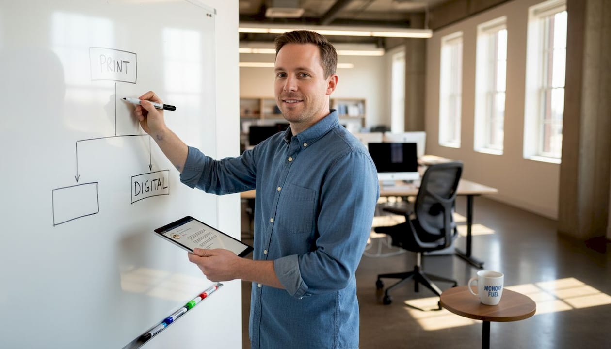 Manager mapping hybrid print-digital campaign