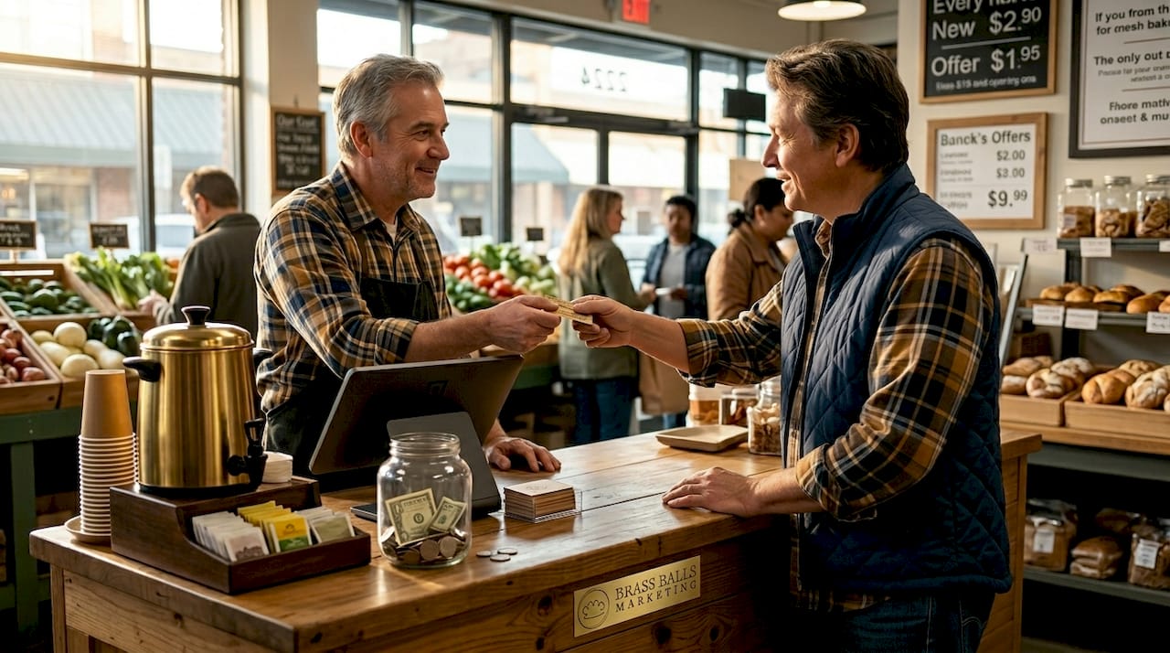 Shopkeeper engages loyal returning customer
