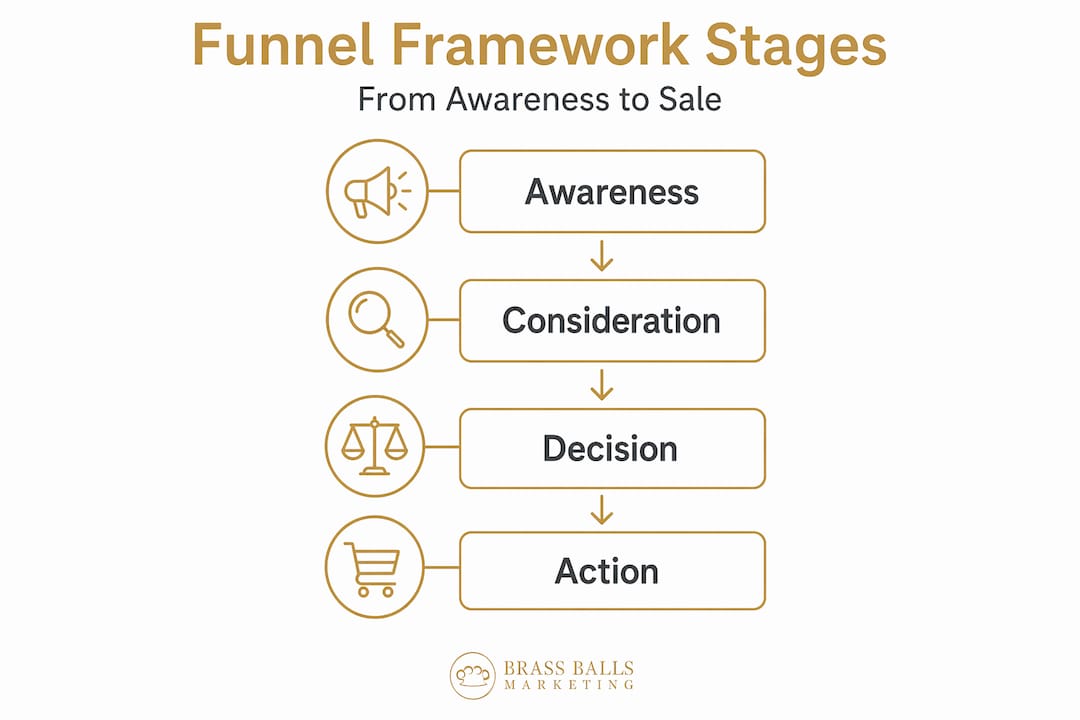 Infographic shows main funnel framework stages