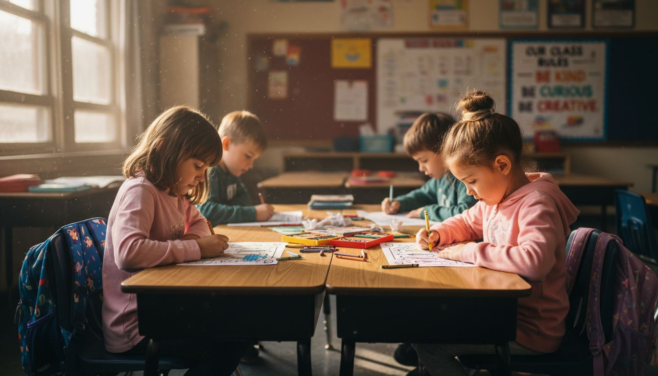 Children colouring worksheets at classroom table