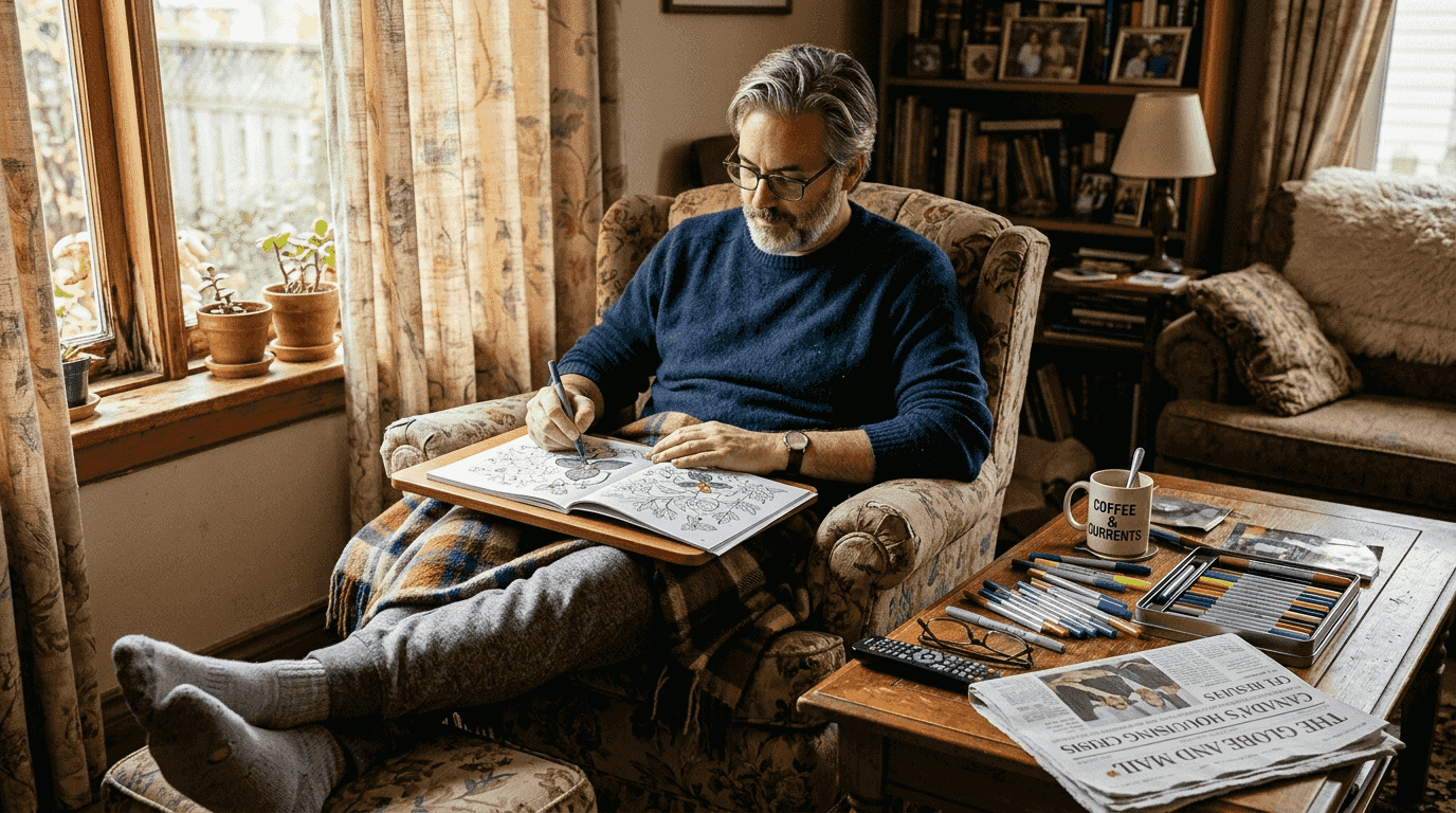 Man colouring in armchair for stress relief