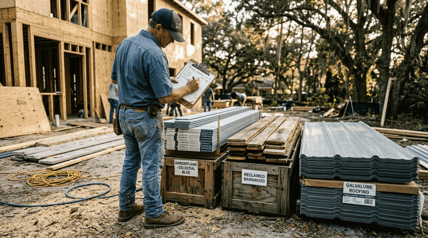 Contractor inspects tiny house building materials