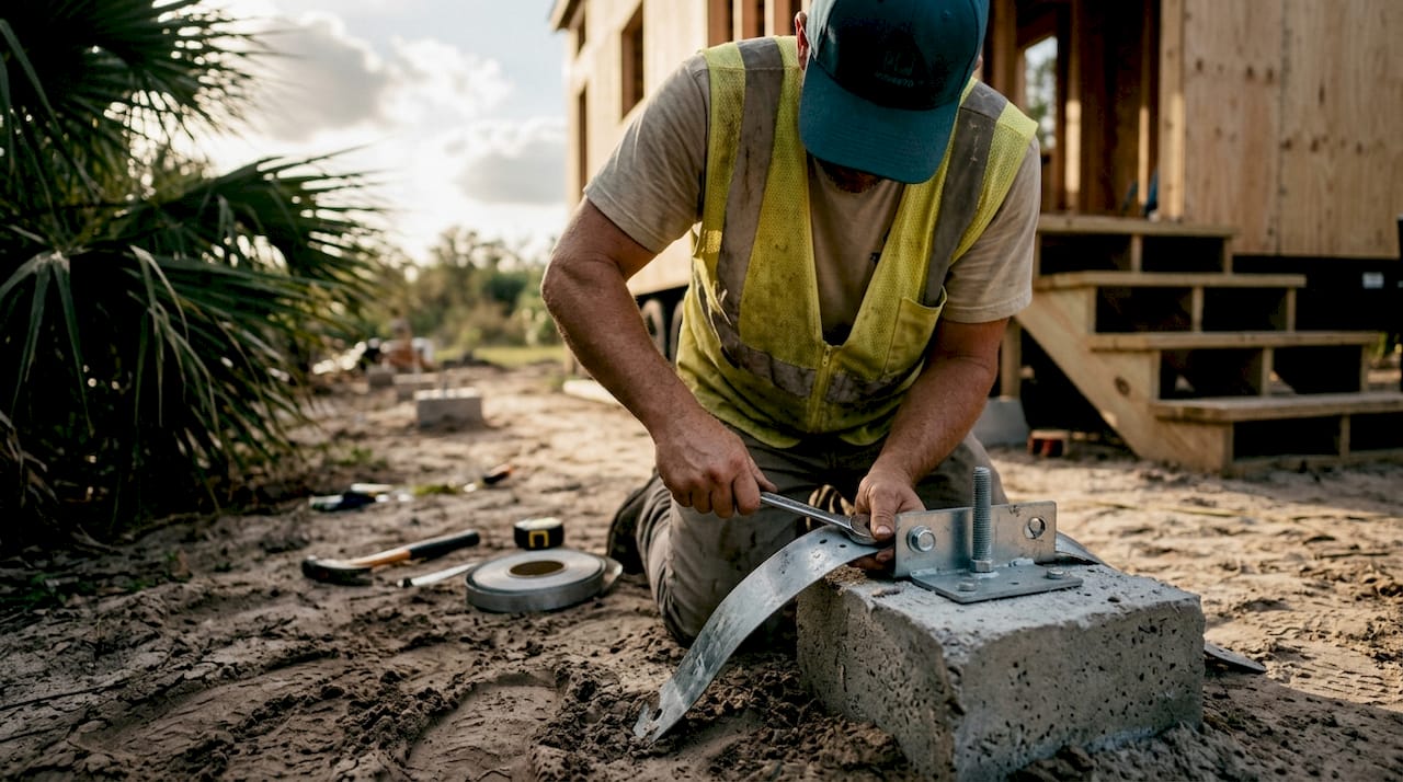 Worker secures hurricane anchor for tiny home