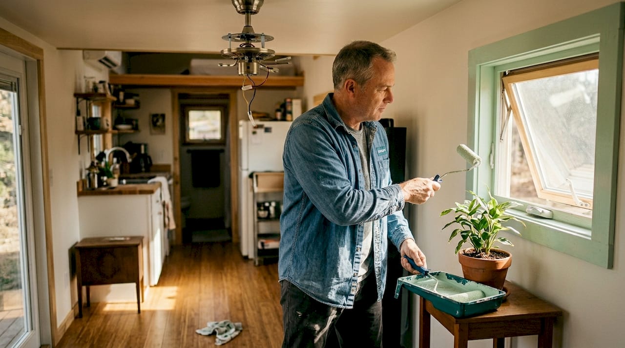 Man painting eco-friendly tiny home interior