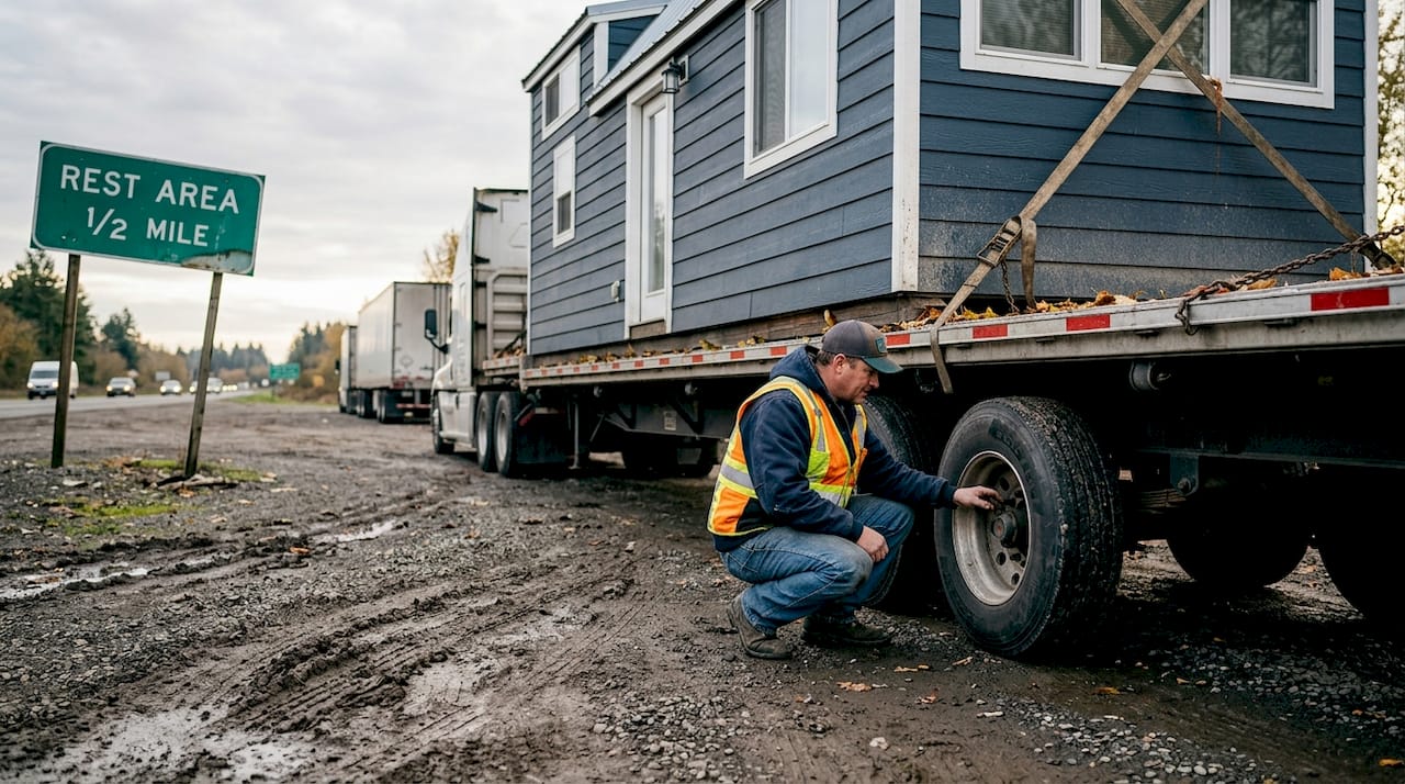 Truck delivering tiny home during inspection stop