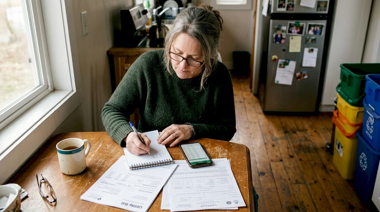 Woman budgeting costs in tiny home