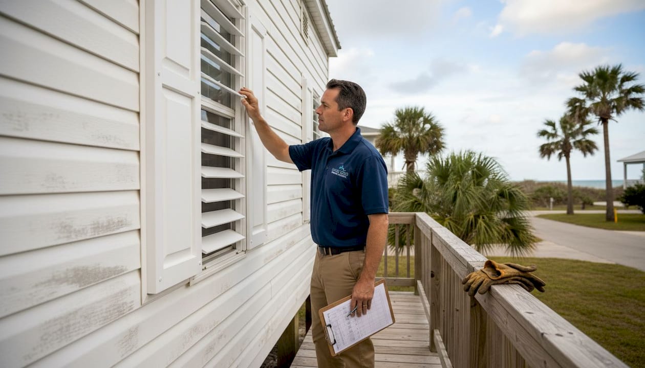 Contractor inspects hurricane shutters on tiny home