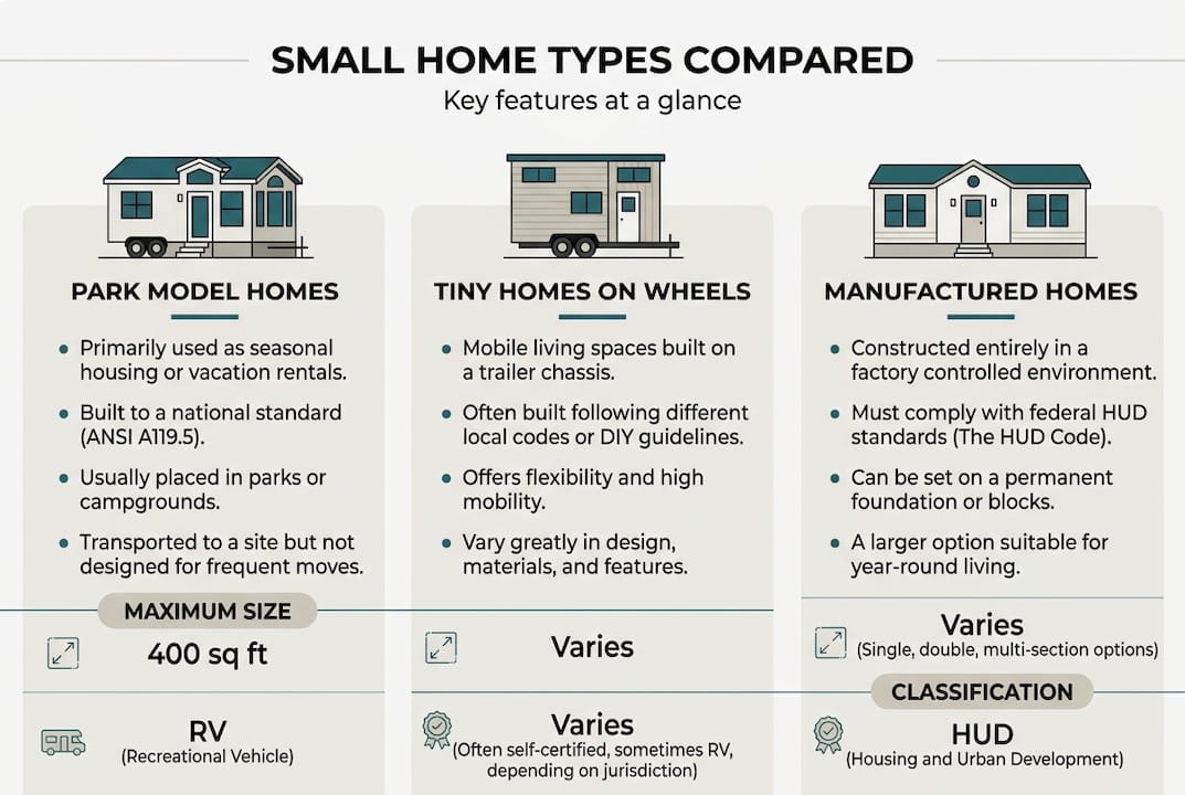 Infographic: park model, tiny, manufactured homes comparison