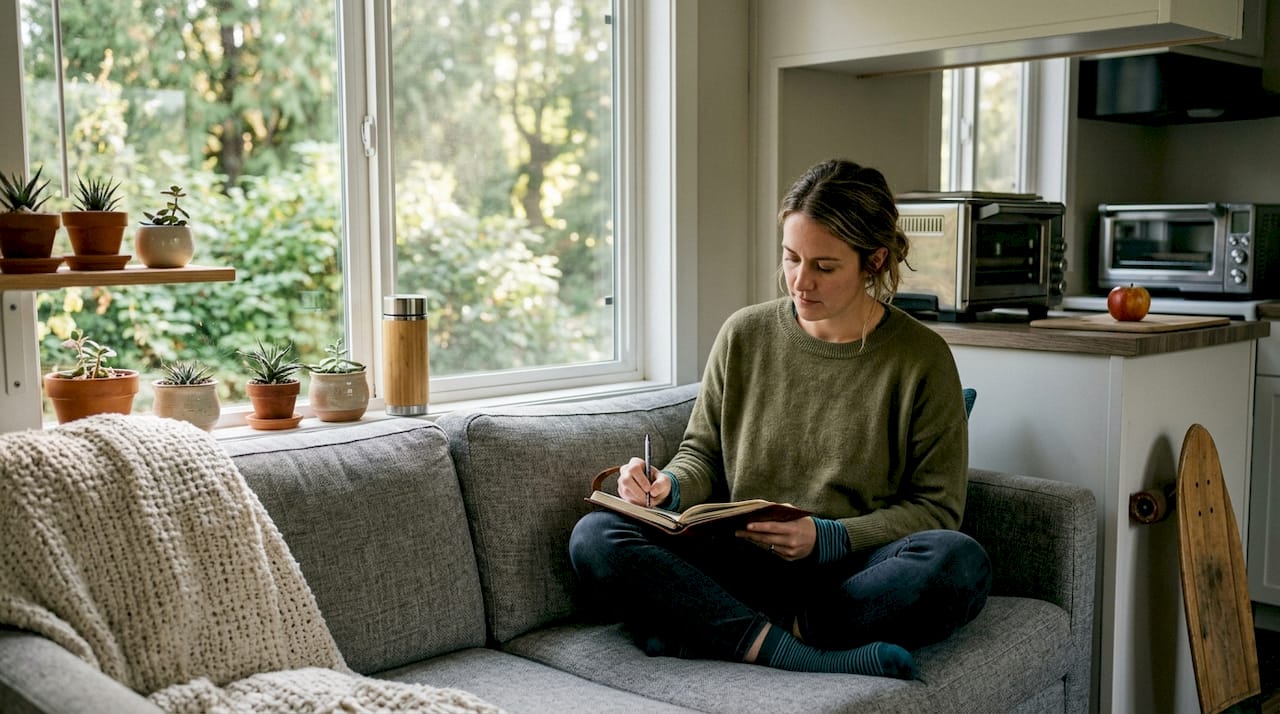 Traveler journaling in cozy park model interior