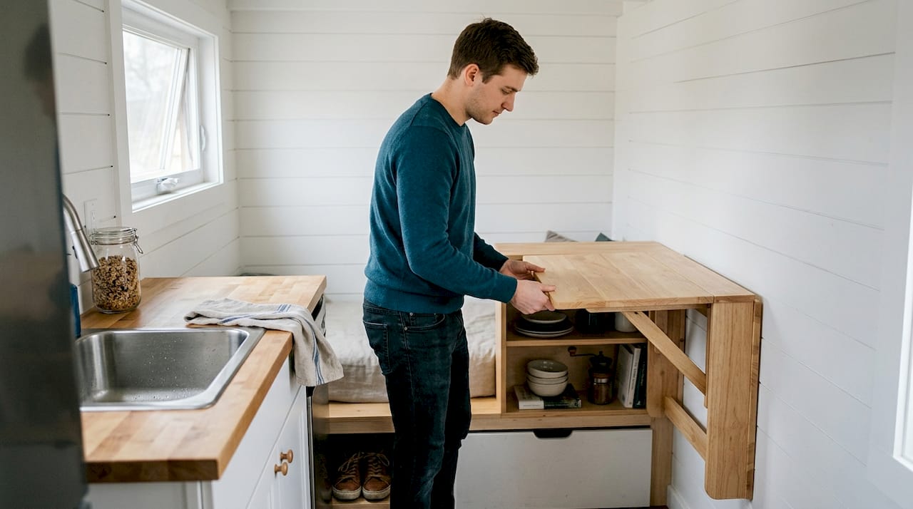 Man folding wall table in tiny home kitchen